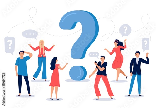 People ask question. Confused person asking questions, crowd finding answers and question sign vector illustration. Collective brainstorm, mutual assistance concept. Public problem solution platform