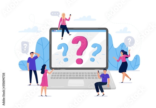 Online question answers search. Question sign on laptop computer screen, confused people asking questions vector illustration. Men and women using laptop, searching for problem solution on internet