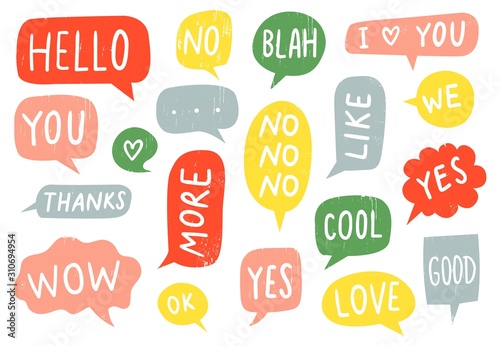Textured speech bubble signs. Thanks sign, yes and no doodle. Hand drawn frames with ok, good and i love you text vector set. Colorful text clouds with different words. Messaging design elements