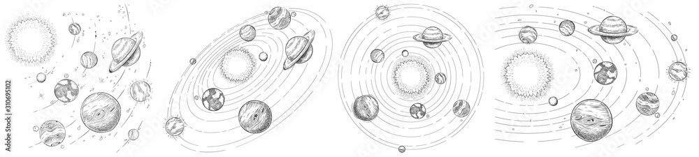 Sketch solar system. Hand drawn planets orbits, planetary and earth orbit vector illustration set. Astronomy themed coloring book drawings pack. Celestial bodies orbiting around sun in center <span>plik: #310695102 | autor: Tartila</span>