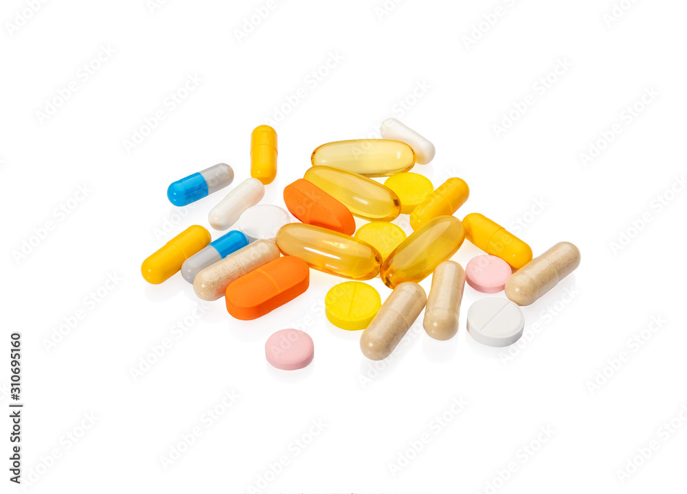 Colorful pills concept, isolated on white background