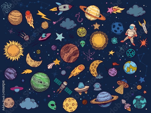 Color space doodle. Astrology planets, colorful space and hand drawn rocket v...
