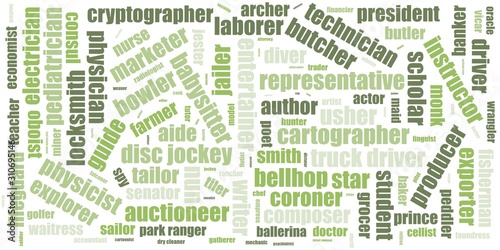 Tag cloud concept. Collage illustration. Terms - job and occupation. Colors: gray, silver, manatee, timberwolf, cadet blue.