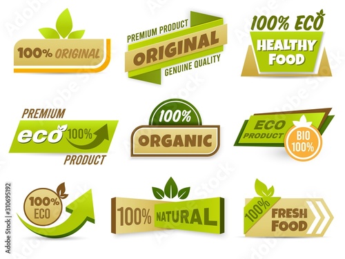 Eco label banner. Healthy food labels, eco bio product and natural organic emblem badges vector set. 100 percent genuine production tags collection. Freshness and quality assurance stickers pack