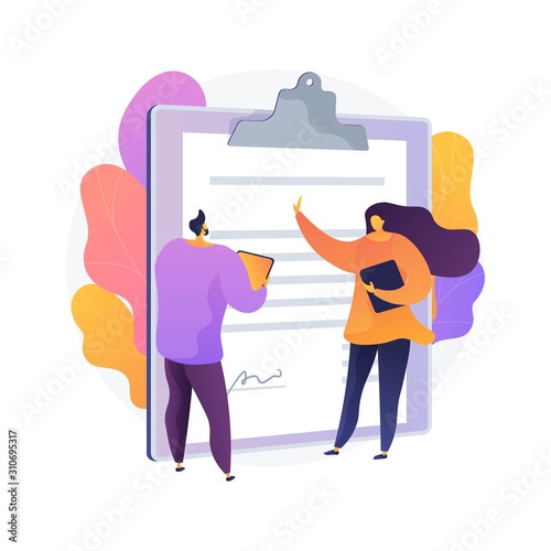 Document signing. Partnership deal, business consultation, work arrangement. Client and assistant writing contract cartoon characters. Vector isolated concept metaphor illustration
