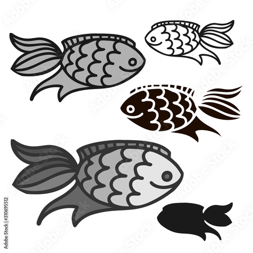  Isolated design with graphic decorative fish on white background. The design is perfectly suitable for clothes design, children decoration, stickers, stationary. © Tatiana Lapteva