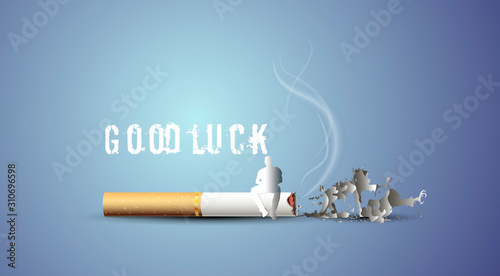 Thematic illustration about the dangers of Smoking in vector design. The image of a cigarette butt from which zombies crawl out in the form of ashes and a man sitting on it which begins to disappear
