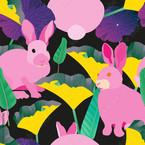 Three fluffy grey rabbits surround large green leaves on a tender blue background. Seamless vector illustration. Picture with forest and domestic animals. Pet in cabbage garden