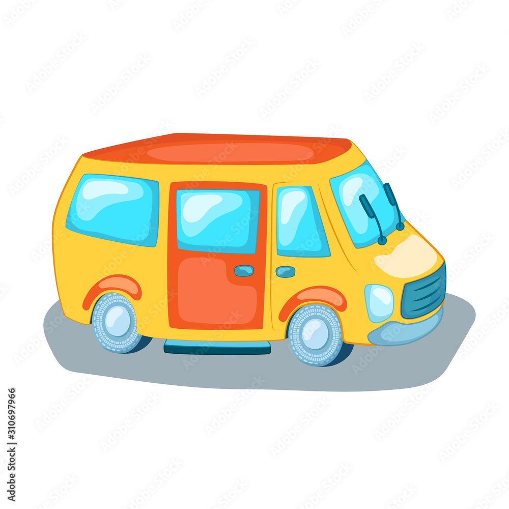 Cute mini van city transport. Cartoon vehicle vector illustration on white background. Urban transportation logo