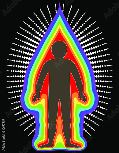 The aura of the body. Rainbow color marked layers of the male body. Etheric, emotional, metallic, astral, celestial and causal layer. Isolated vector on white background