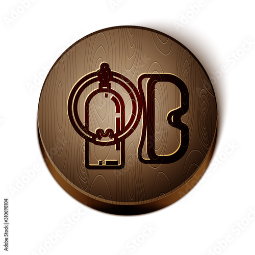 Brown line Diving mask and aqualung icon isolated on white background. Oxygen tank for diver. Extreme sport. Sport equipment. Wooden circle button. Vector Illustration
