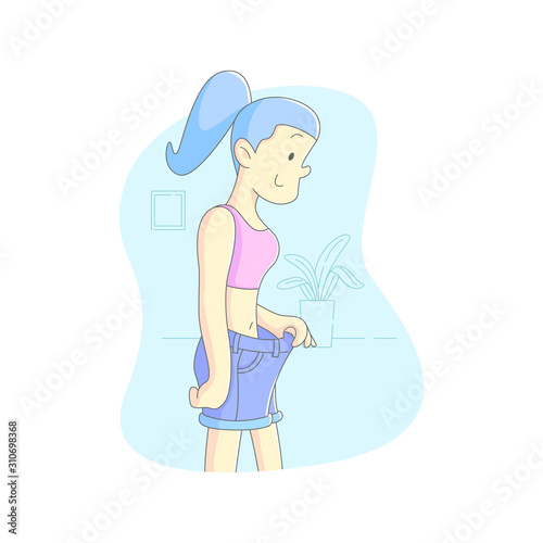 Healthy life a women successfully diet and try her old shorts.
