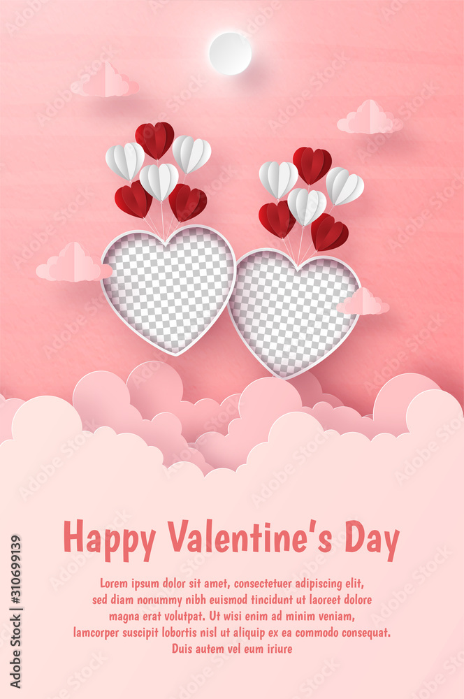 Origami Paper art of Valentines Postcard, Blank heart shape photo with balloon floating on the sky with copy space, Love and Romance