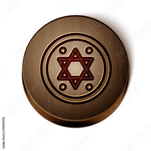 Brown line Jewish coin icon isolated on white background. Currency symbol. Wooden circle button. Vector Illustration