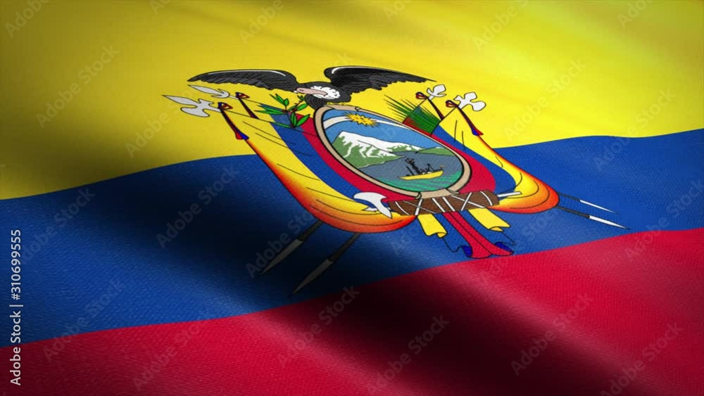 Flag of Ecuador. Waving flag with highly detailed fabric texture seamless loopable video. Seamless loop with highly detailed fabric texture. Loop ready in 4K resolution 2160p 60fps
