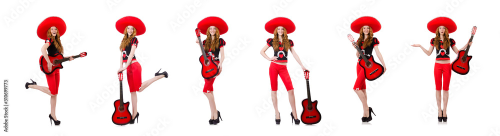 Woman guitar player with sombrero on white Woman guitar player with sombrero on white