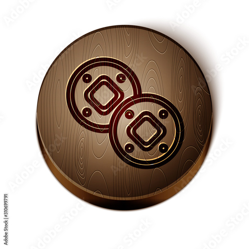 Brown line Jewish coin icon isolated on white background. Currency symbol. Wooden circle button. Vector Illustration