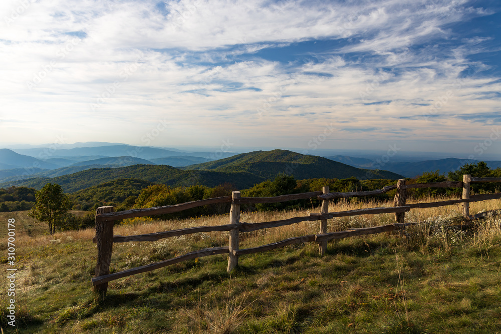 Fenceline on Max Patch overlooking the Great Smoky Mountains National Park
