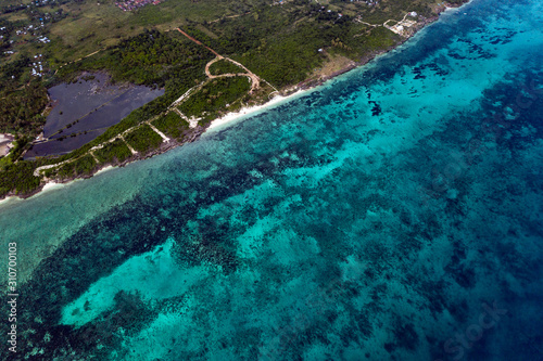 Aerial shot Paradise beach (Sandira beach), Bantayan island, North Cebu, Philippines