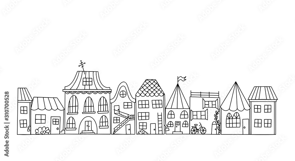 Vector illustration of a street with cute little houses in doodle style. Black and white contour houses. Hand-drawn illustration for children. Isolated on a white background