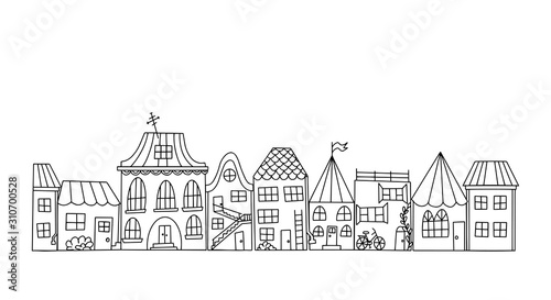 Vector illustration of a street with cute little houses in doodle style. Black and white contour houses. Hand-drawn illustration for children. Isolated on a white background