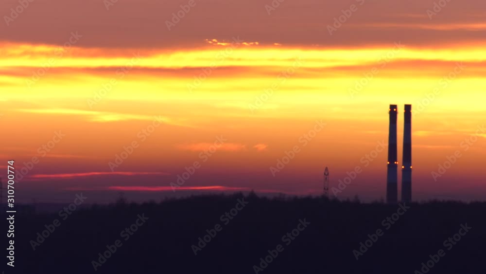 Coal power station. Sunset. 4K, UHD, 50p, Cinematic,						