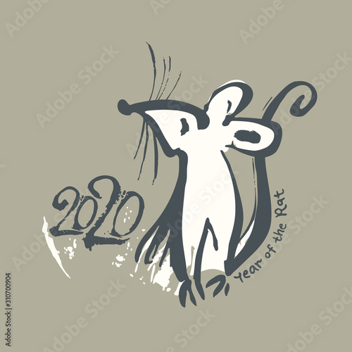 Hand drawn brush and ink blot template Wild Rat 2020. Handwriting rat 2020. Year of the Rat on the Chinese calendar.
