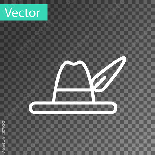 White line Oktoberfest hat icon isolated on transparent background. Hunter hat with feather. German hat. Vector Illustration