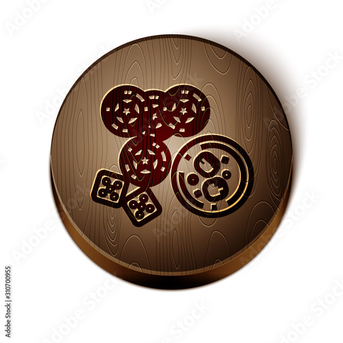 Brown line Casino chips, game dice and glass of whiskey with ice cubes icon isolated on white background. Casino poker. Wooden circle button. Vector Illustration