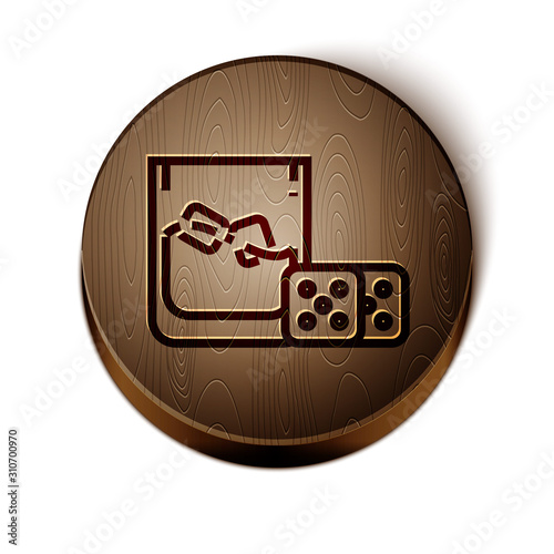 Brown line Game dice and glass of whiskey with ice cubes icon isolated on white background. Casino gambling. Wooden circle button. Vector Illustration
