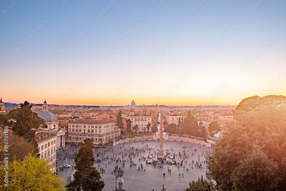Rome piazza del popolo aerial rooftop view sunset silhouette old ancient architecture in Italy