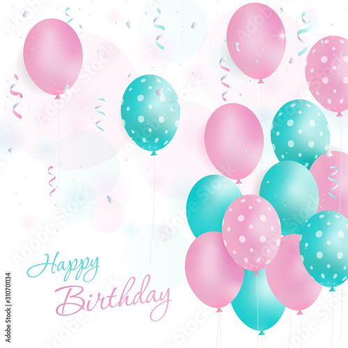 Happy birthday vector illustration - foil confetti and colorful balloons.