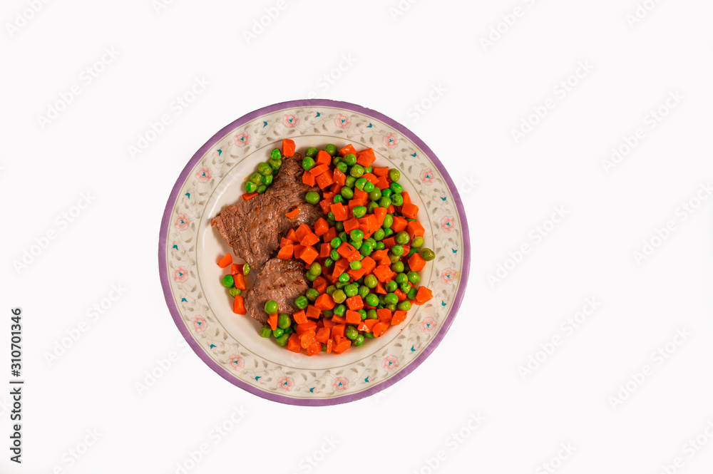 beef with vegetable carrot peas white background beef with vegetable carrot peas white background