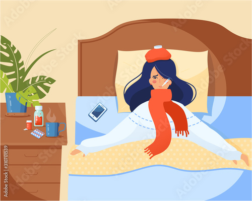 A Young girl in red scarf caught cold flu or virus. With red nose, high temperature lies in bed with a hotty. Ways to treat illness. Flat vector modern illustration concept. cartoon character.
