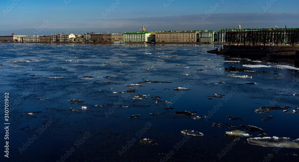 Ice on the Neva river in St. Petersburg.