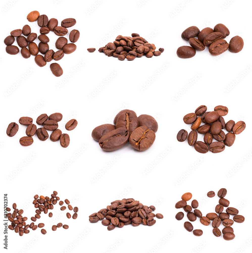 collage of Coffee beans isolated on a white background area for copy space. collage of Coffee beans isolated on a white background area for copy space.