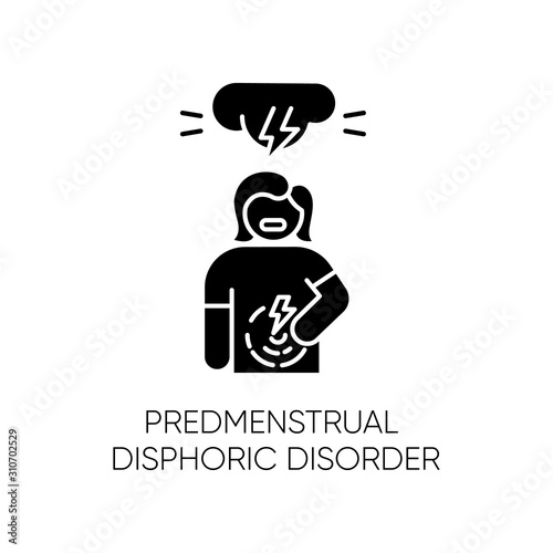 Predmenstrual dysphoric disorder glyph icon. Menstrual cramp. Woman in pain. Physical tension. Premenstrual health care. Mental issue. Silhouette symbol. Negative space. Vector isolated illustration