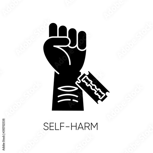 Self-harm glyph icon. Cut hand with razor blade. Open wound. Mental disorder. Nonsuicidal injury. Hurt vein. Self-inflicted violence. Silhouette symbol. Negative space. Vector isolated illustration
