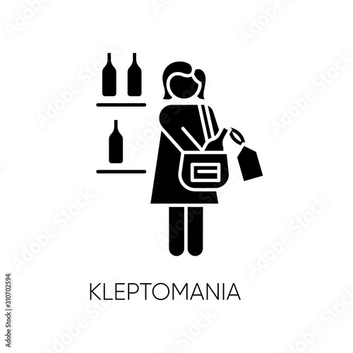 Kleptomania glyph icon. Woman stealing alcohol. Substance abuse. Obsessive-compulsive spectrum. Mental disorder. Person hiding beverage. Silhouette symbol. Negative space. Vector isolated illustration