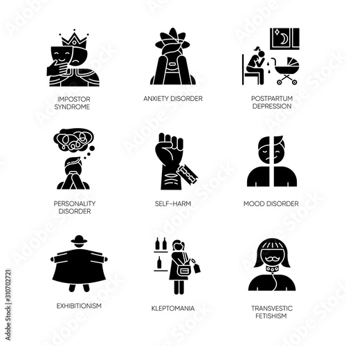 Mental disorder glyph icons set. Impostor syndrome. Postpartum depression. Personality disorder. Self-harm. Exhibitionism. Kleptomania. Fetishism. Silhouette symbols. Vector isolated illustration