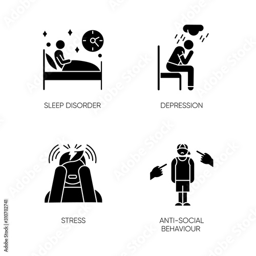 Mental disorder glyph icons set. Sleep deprivation. Depression and anxiety. Stress. Anti-social behaviour. Migraine. Teenager harassment and bullying. Silhouette symbols. Vector isolated illustration