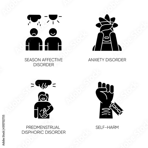 Mental disorder glyph icons set. Anxiety. Predmenstrual dysphoria. Self-harm. Season affective disorder. Emotional change. Mood swing. Woman in pain. Silhouette symbols. Vector isolated illustration