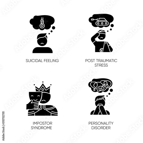 Mental disorder glyph icons set. Suicidal feeling. Post traumatic stress. Impostor syndrome. Personality disorder. Distress and worry. Psychology. Silhouette symbols. Vector isolated illustration