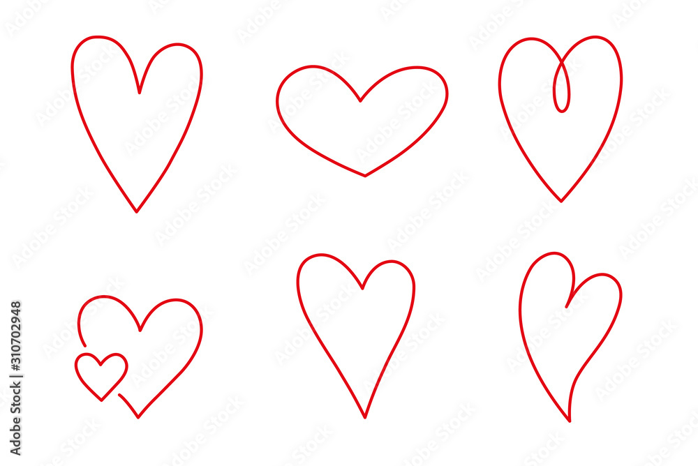 Hand drawn set of red hearts isolated on white background. Vector illustration. Scribble heart. Love concept for Valentine's Day