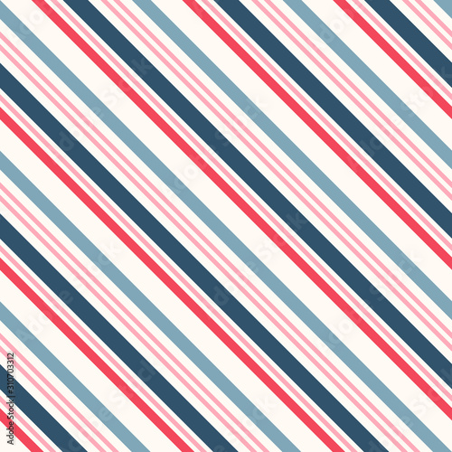 Diagonal stripes seamless pattern. Simple vector slanted lines texture. Modern abstract geometric colorful striped background. Pink, red, blue and white color. Repeat design for decor, fabric, print