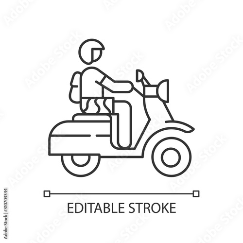 Motorbike linear icon. Scooter driver in Bali. Indonesia by motorcycle. Scooter tropical island road trip. Thin line illustration. Contour symbol. Vector isolated outline drawing. Editable stroke