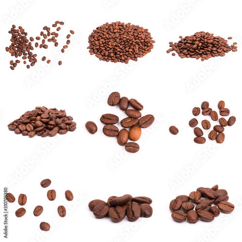 collage of Coffee beans isolated on a white background area for copy space.