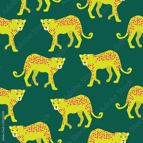 Leopard with Pink Spots Repeat Seamless Pattern with Green Background