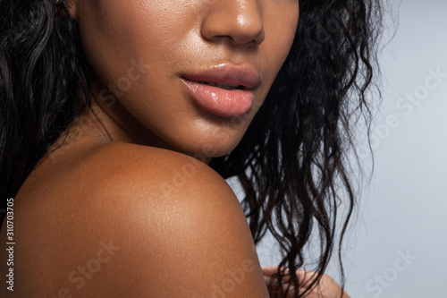 Cropped photo of charming Afro American lady indoors