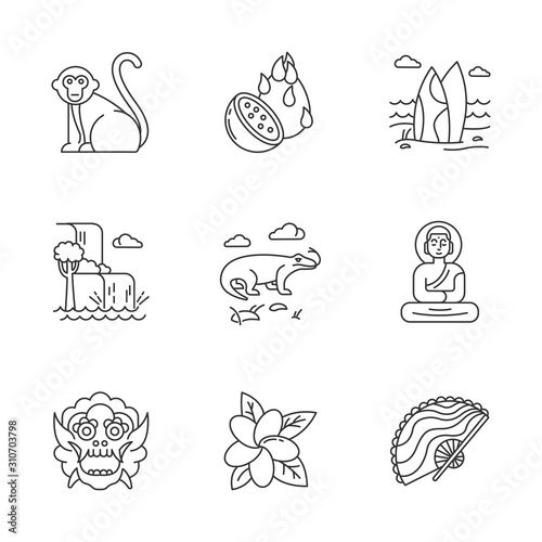 Indonesia linear icons set. Tropical country fauna. Indonesian islands. Exploring exotic nature. Thin line contour symbols. Isolated vector outline illustrations. Editable stroke. Perfect pixel